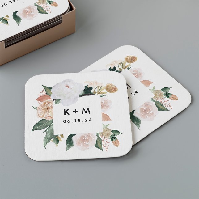 Porta-copo De Papel Quadrado Boho Blooms Modern Floral Wedch Monograma (Criador carregado)