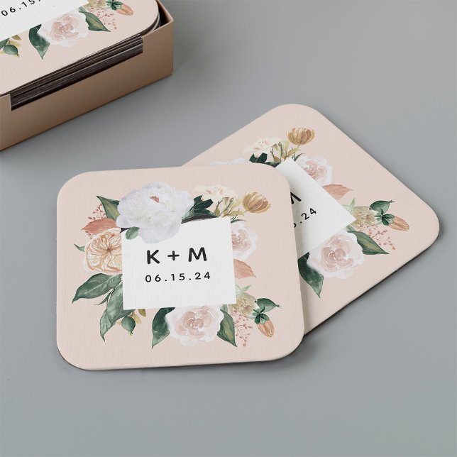 Porta-copo De Papel Quadrado Boho Blooms Modern Floral Wedch Monograma (Criador carregado)