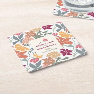 Porta-copo De Papel Quadrado Boho Chic Floral Casamento Retro Meados do Século