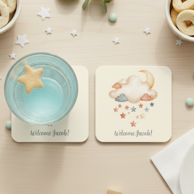 Porta-copo De Papel Quadrado Boho Dream Cloud Baby Shower Coaster (Adoption baby shower paper drink coaster)