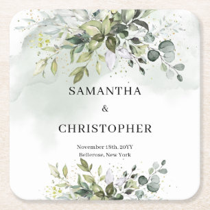 Porta-copo De Papel Quadrado Boho eucalyptus verde-folhagem dourada