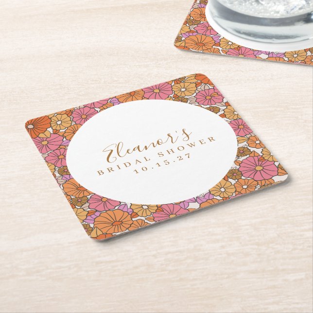 Porta-copo De Papel Quadrado Boho Script Ochre Rosa Floral Noiva Personalizado (Inclinado)