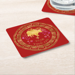 Porta-copo De Papel Quadrado Boi chinês do zodíaco vermelho/ouro ID542