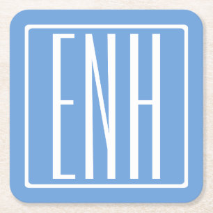 Porta-copo De Papel Quadrado Bold Modern 3 Iniciais Monograma   Azul macio