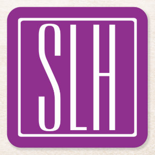 Porta-copo De Papel Quadrado Bold Modern 3 Iniciais Monograma   Branco e Roxo