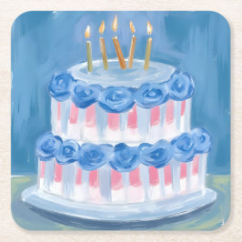 Porta-copo De Papel Quadrado Bolo De Aniversário Azul Celebração De Festa Aquar