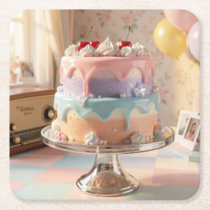 Porta-copo De Papel Quadrado Bolo de Aniversário de Vidro Pastel com Cerejas