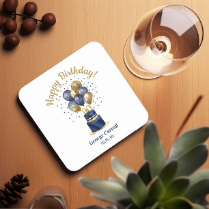 Porta-copo De Papel Quadrado Bolo de Balão Azul Marinho de Aniversário de 90 An