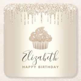 Porta-copo De Papel Quadrado Bolo de cupcake com nome monograma dourado e gotas