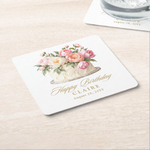 Porta-copo De Papel Quadrado Bolo Floral Rosa Festa de Aniversário Elegante