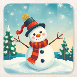 Porta-copo De Papel Quadrado Boneco de Neve Alegre em Paisagem de Inverno