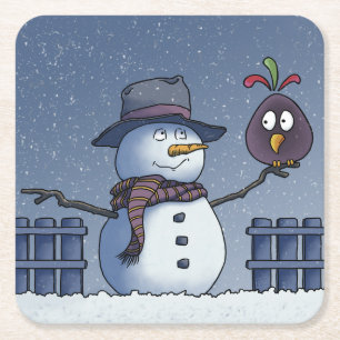 Porta-copo De Papel Quadrado Boneco de Neve com Pássaro
