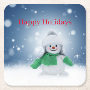 Porta-copo De Papel Quadrado Boneco de neve com um cachecol verde