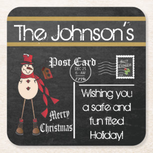 Porta-copo De Papel Quadrado Boneco de neve do natal vintage do quadro do
