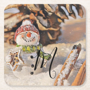 Porta-copo De Papel Quadrado Boneco de Neve Vintage na aquarela de neve