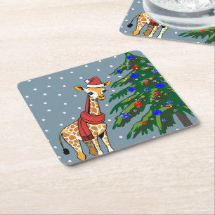Porta-copo De Papel Quadrado Bonita Girafa Beanie e Scarf com árvore de Natal