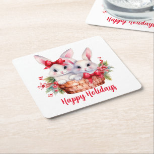 Porta-copo De Papel Quadrado Bonitas coelhinhas de Natal em uma cesta