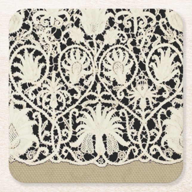 Porta-copo De Papel Quadrado Bonito Linen White Lace Antique de Casamento  (Frente)