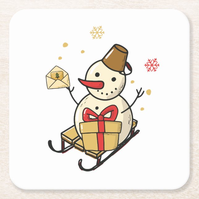 Porta-copo De Papel Quadrado Bonito Neve Em Um Sled (Frente)