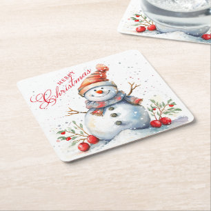 Porta-copo De Papel Quadrado Bonito Snowman Winter Watercolor Feliz Natal