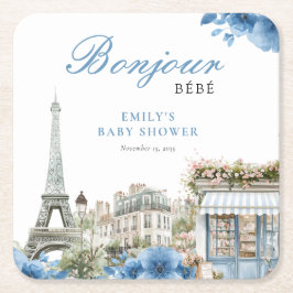 Porta-copo De Papel Quadrado Bonjour Bebe French Blue Baby Shower