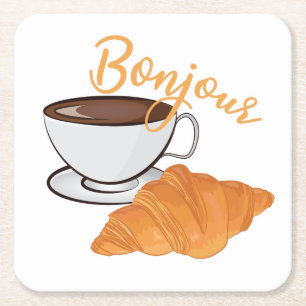 Porta-copo De Papel Quadrado Bonjour Croissant Coffee Breakfast - Café Francês