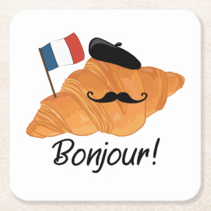 Porta-copo De Papel Quadrado Bonjour French Croissant - França Comida Engraçada