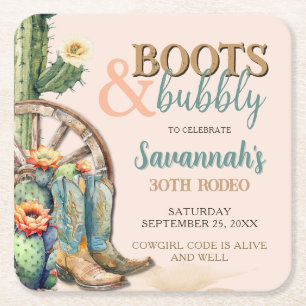 Porta-copo De Papel Quadrado Boots and Bubble Blush Pink Blooming Cactus Boots