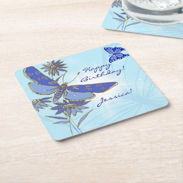 Porta-copo De Papel Quadrado Borboleta Azul (Inclinado)