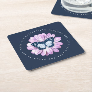 Porta-copo De Papel Quadrado Borboleta-branca numa citação inspiradora rosa mar