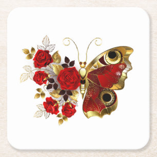 Porta-copo De Papel Quadrado Borboleta de flor vermelha com rosas vermelhas