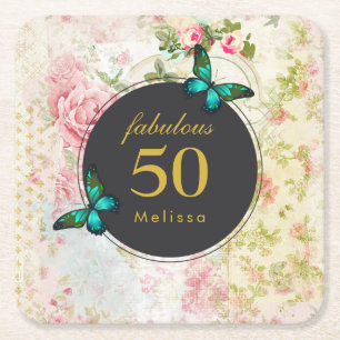 Porta-copo De Papel Quadrado Borboleta do verde esmeralda na colagem chique do