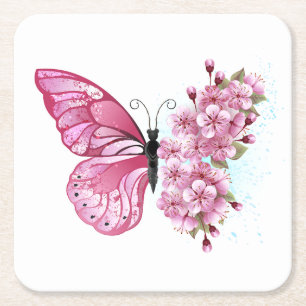 Porta-copo De Papel Quadrado Borboleta Flor com Sakura Rosa