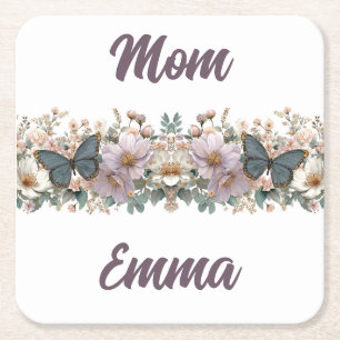 Porta-copo De Papel Quadrado Borboleta Verde e Floral Vintage para Mamãe