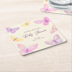 Porta-copo De Papel Quadrado Borboletas cor-de-rosa Chá de fraldas roxa