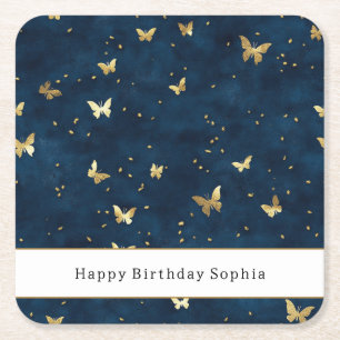 Porta-copo De Papel Quadrado Borboletas Douradas Azuis Aniversário