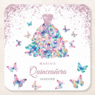 Porta-copo De Papel Quadrado Borboletas Douradas de rosa, Gown Quinceanera