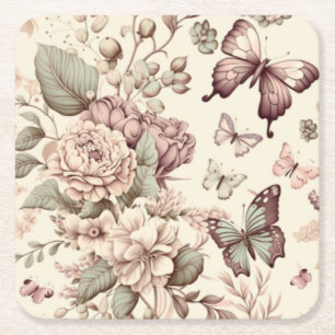 Porta-copo De Papel Quadrado Borboletas e flores decoração em pastel