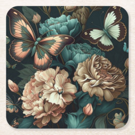 Porta-copo De Papel Quadrado Borboletas e flores desenho clássico escuro