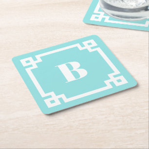 Porta-copo De Papel Quadrado Borda de Chave Grega Quadrada Branca Monograma Azu
