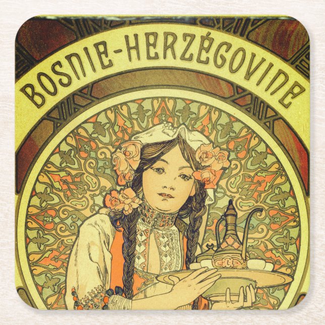 Porta-copo De Papel Quadrado Bósnia e Herzegovina por Alphonse Mucha 1900 (Frente)