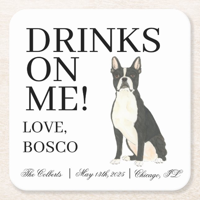 Porta-copo De Papel Quadrado Boston Terrier Wedding (Frente)