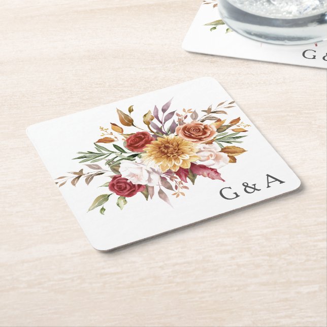 Porta-copo De Papel Quadrado Botânica Aquarela Outono  (Inclinado)