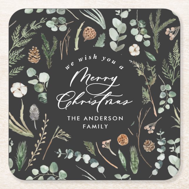 Porta-copo De Papel Quadrado Botânica elegante mínima de Natal preto (Frente)