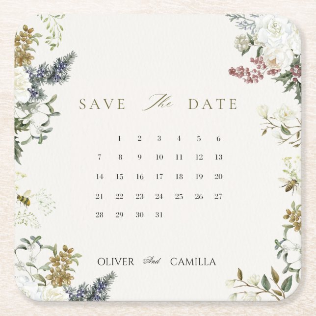 Porta-copo De Papel Quadrado Botanical Calendar Save the Date Card Template (Frente)