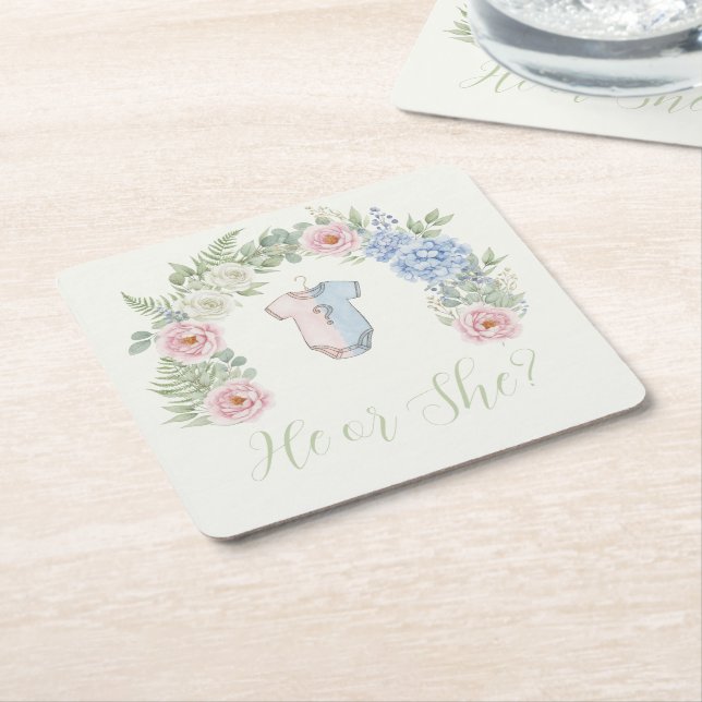 Porta-copo De Papel Quadrado Botanical Gender Reveal (Inclinado)