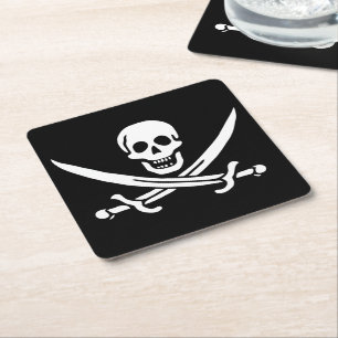 Porta-copo De Papel Quadrado Branco, Bandeira Pirata Calico Jack, Caveira e Cut