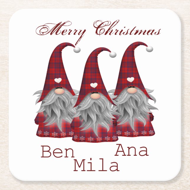 Porta-copo De Papel Quadrado Branco com gnomo vermelho (Frente)