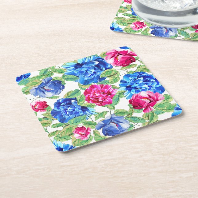Porta-copo De Papel Quadrado Bright Pink and Blue Floral Pretty Pattern (Inclinado)