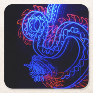 Porta-copo De Papel Quadrado Brilho de fundo preto do dragão azul neon